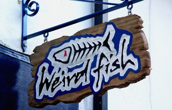 Weird Fish heavily distressed exterior Sandblasted hanging sign in Red Cedarwood