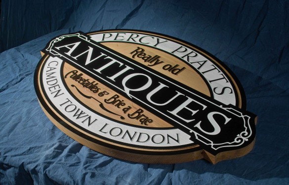 Antiques Shop London - sandblasted - cnc wooden sign- the grain